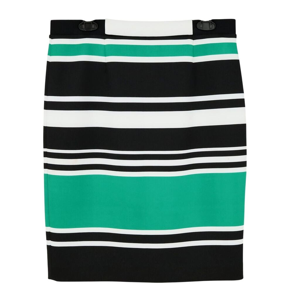 Nine West Skirt Womens 10 Black Green White Stripe Lined Stretch Knit Zip Pencil